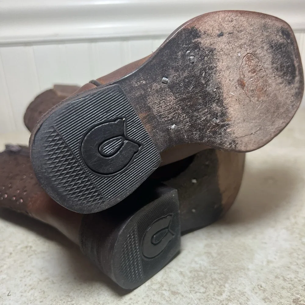 Pecos Bill Jr Toddler Girls Leather Cowboy Boots Size 8 Brown Flower Cutout Zip